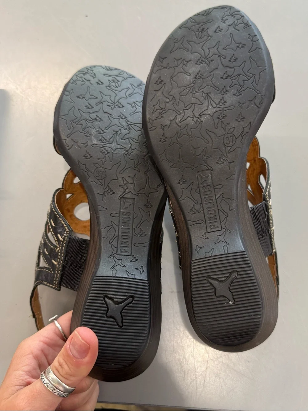 PIKOLINOS Black Leather Decorative Cutout Slingback Sandals